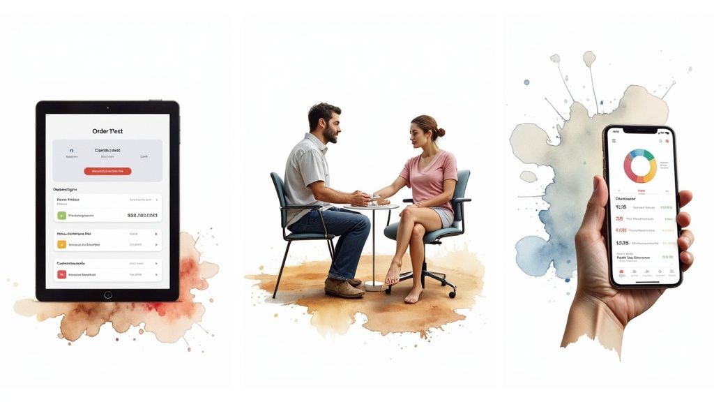 Digital tools for ordering tests, a medical professional performing a blood draw, and a phone showing health results.