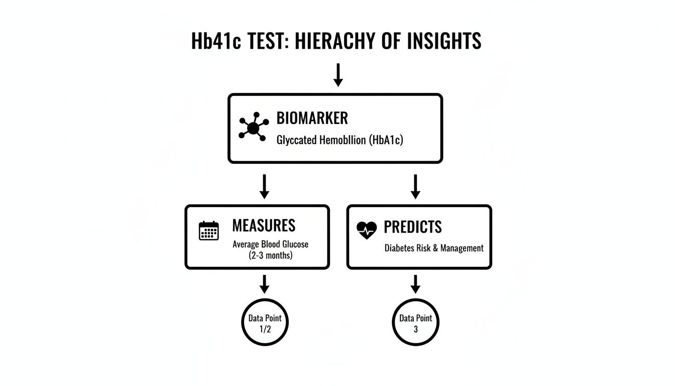 Flowchart showing the HbA1c test hierarchy, from biomarker to what it measures and predicts.