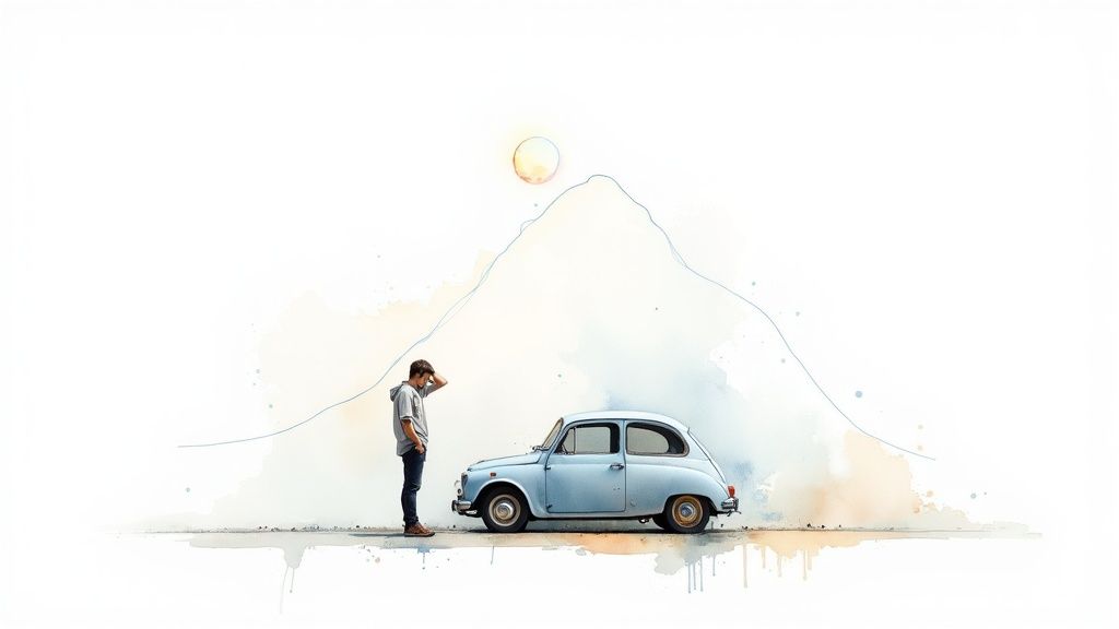 Watercolor art of a man looking contemplatively at a broken-down vintage car with mountains and sun.