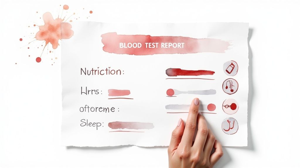A hand interacts with a watercolor-style blood test report showing nutrition, exercise, and sleep metrics.