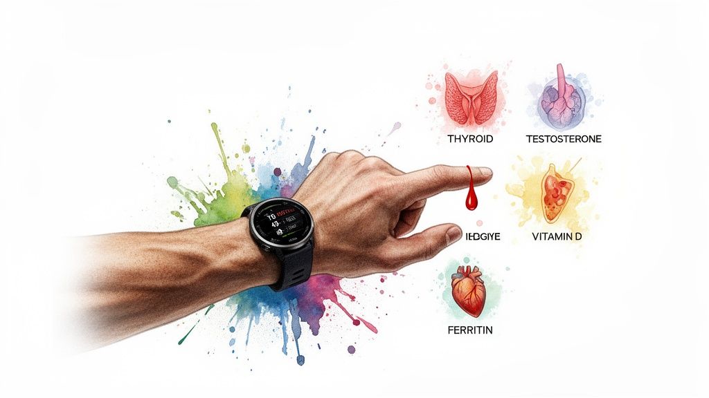 Hand with smartwatch pointing to a blood drop, surrounded by illustrations of organs and hormones.