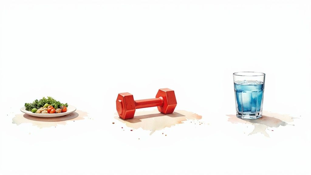 Healthy lifestyle elements including nutritious meal, red dumbbells, and glass of water on white background