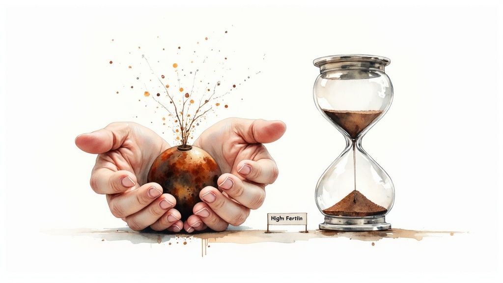 Hands cradle a sprouting plant from an earthy sphere next to an hourglass and a 'High Fertiin' sign.