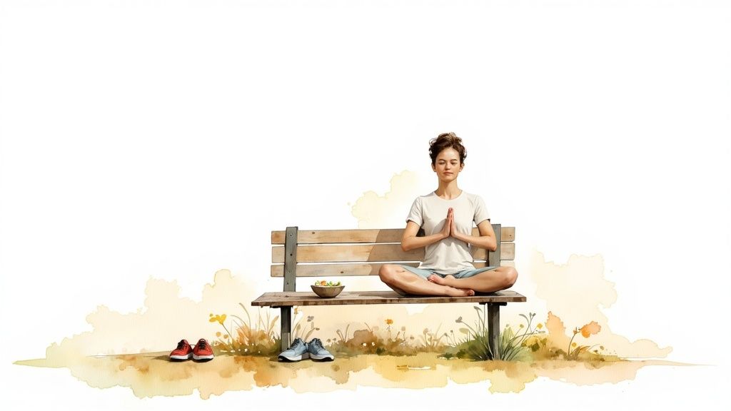 A serene person meditates on a wooden bench, with a salad and shoes nearby, watercolor style.