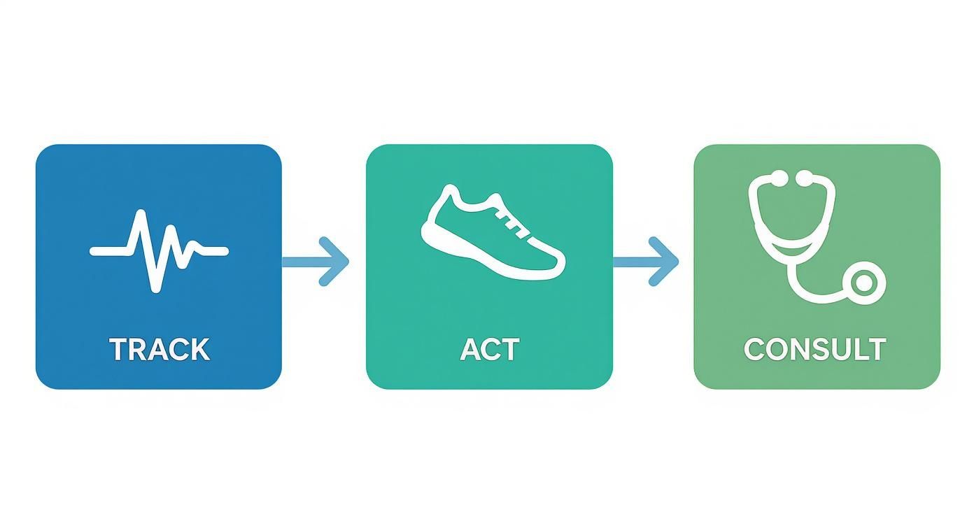 Infographic showing the process flow of proactive health Track, Act, Consult