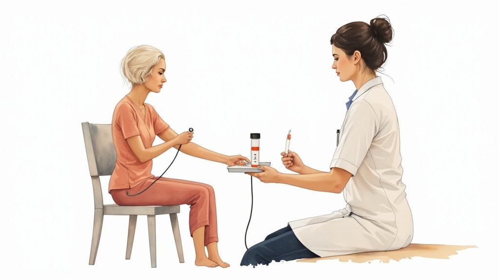 A medical professional is preparing to draw blood from a patient's arm for a test.