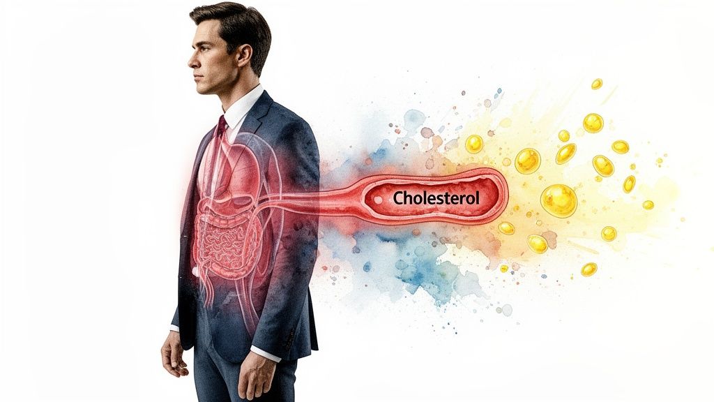 Conceptual image illustrating a man's internal organs, showing cholesterol exiting as yellow fat particles.