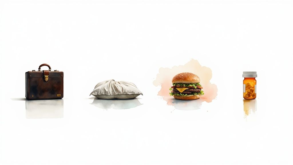 A brown briefcase, crumpled pillow, hamburger, and pill bottle on a white background.