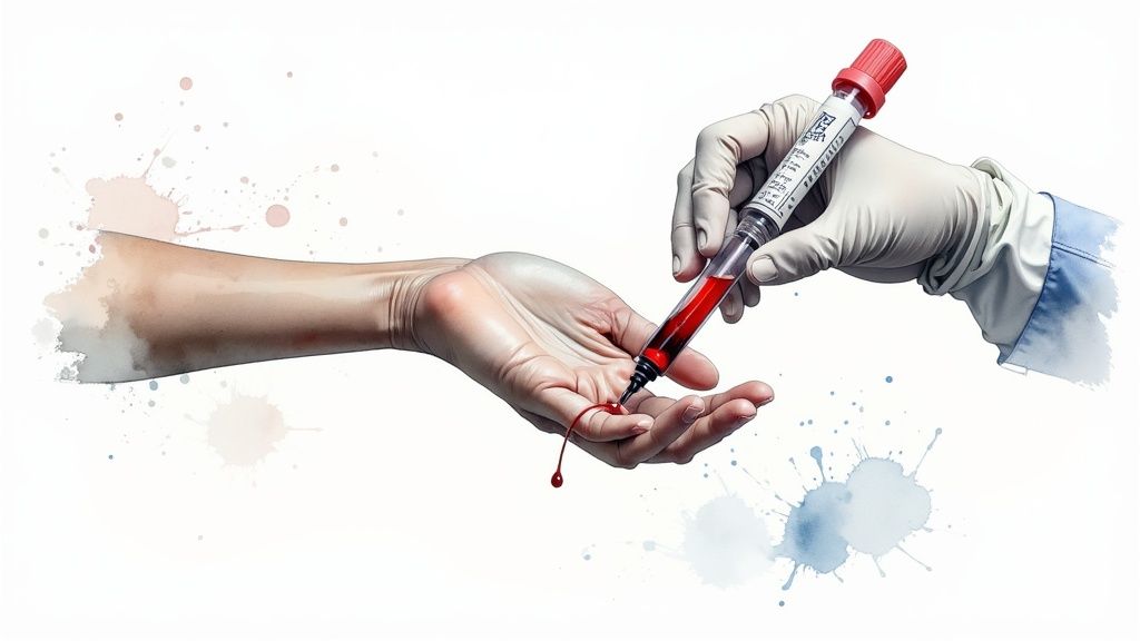 A gloved hand uses a specialized device to draw a blood sample from a finger.