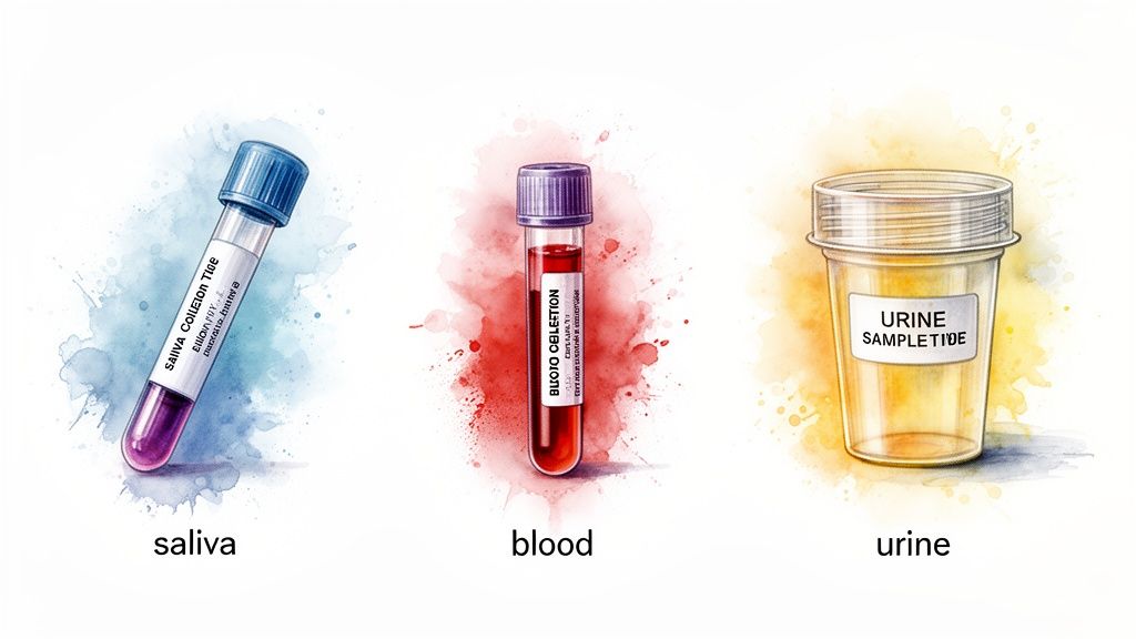 An illustration showing three biological samples: saliva, blood, and urine, in their collection containers.