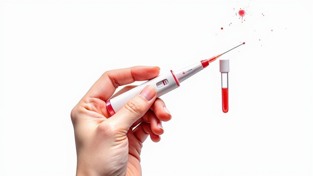 A person using a lancet for a finger-prick blood sample at home