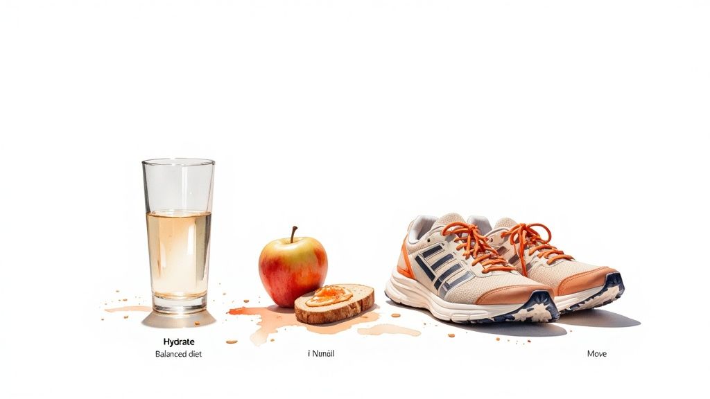 A glass of water, an apple, bread with spread, and running shoes representing health and fitness.