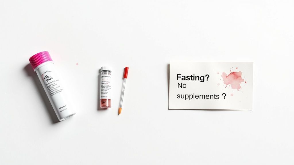Flat lay of medical test kits, a pen, and a card asking about fasting and supplements, with a red smudge.