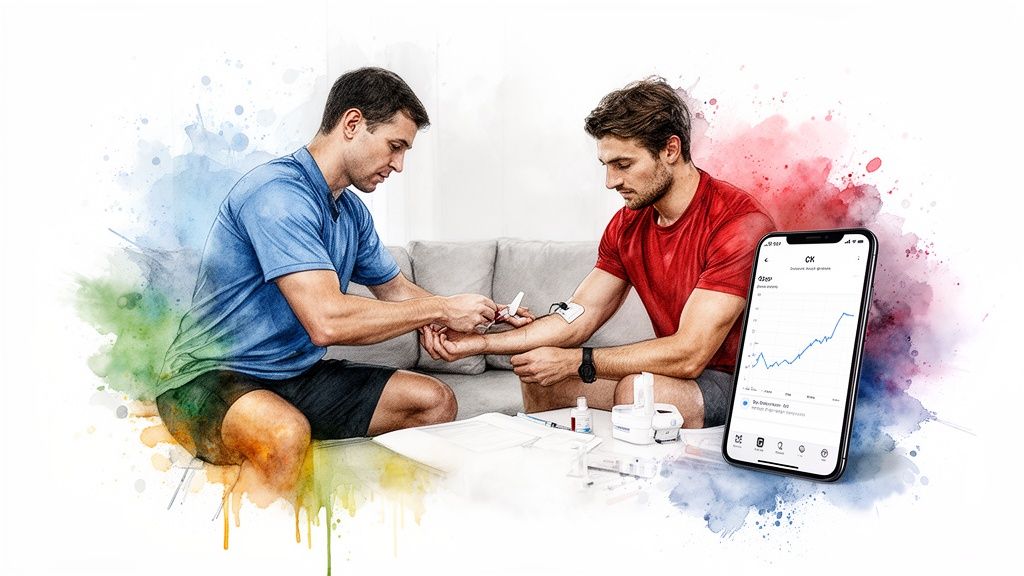 Two men perform a blood test at home, tracking creatine kinase levels on a smartphone app.