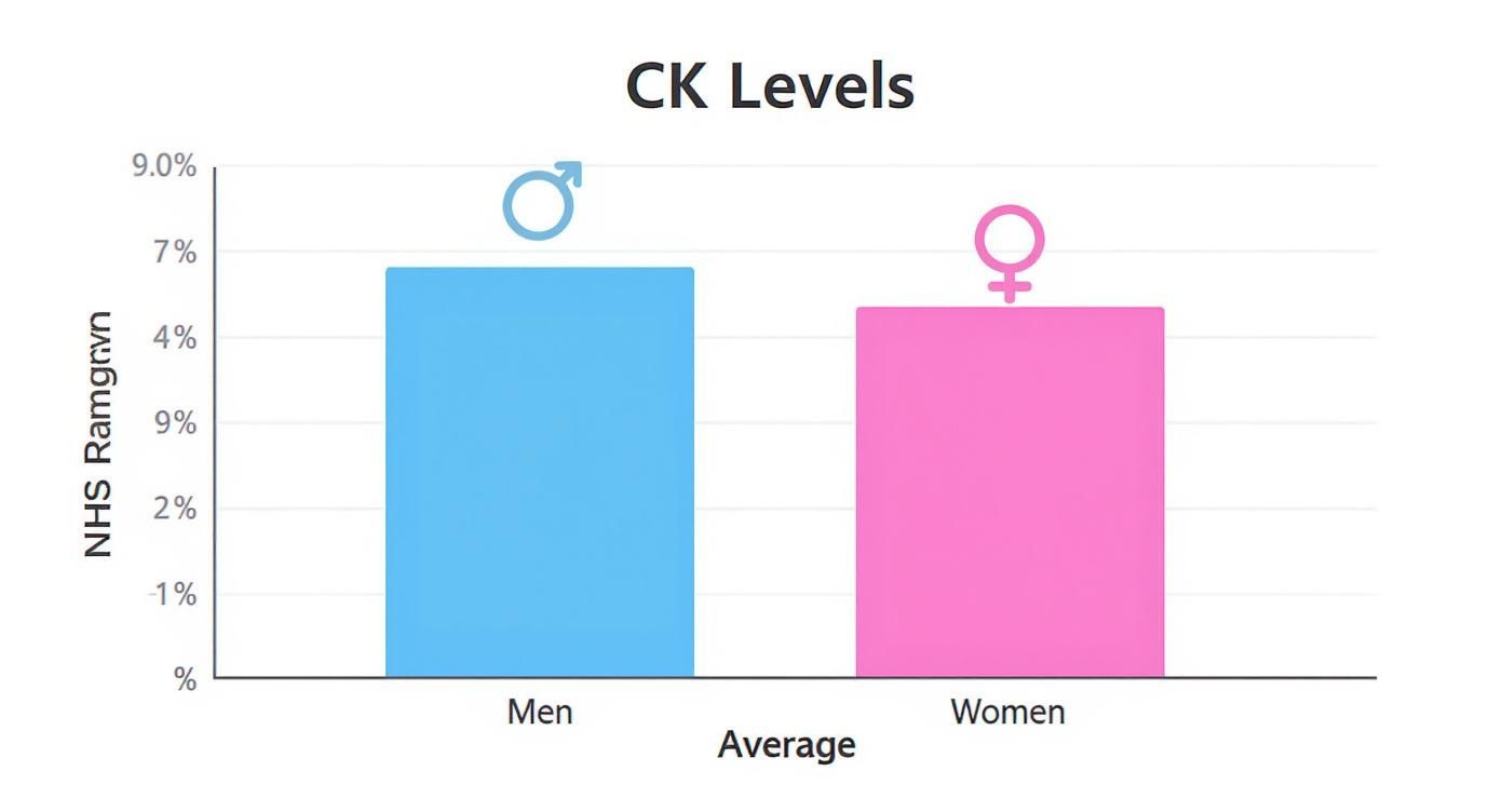 Bar chart comparing average CK levels between men and women, showing higher levels for men.