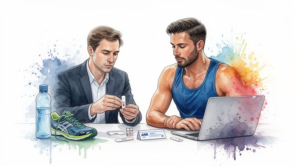 Two men, one examining a home blood test, the other using a laptop, on a watercolor background.