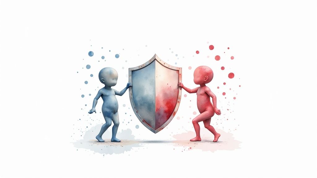 Two stylized figures, one blue and one red, holding a bicolored shield amidst watercolor splatters.