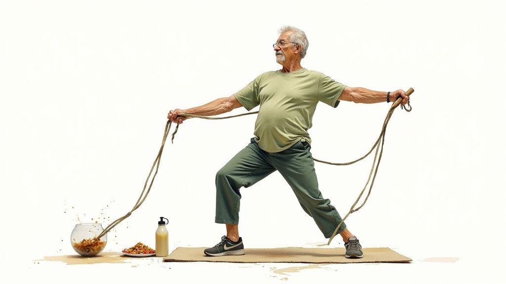 Active senior man exercising with resistance band on yoga mat demonstrating healthy lifestyle