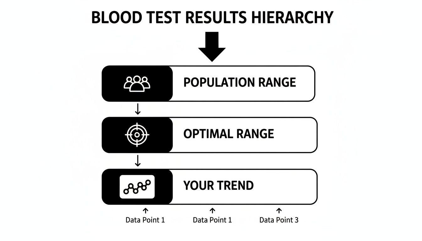 Diagram illustrating the hierarchy of blood test results: population range, optimal range, and individual trend.