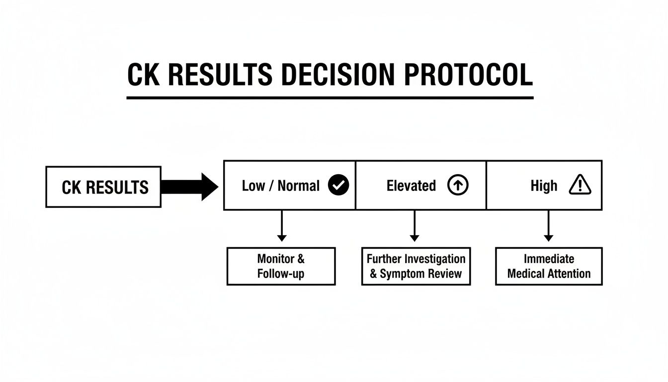 Flowchart for CK results decision protocol, outlining actions for low/normal, elevated, and high levels.