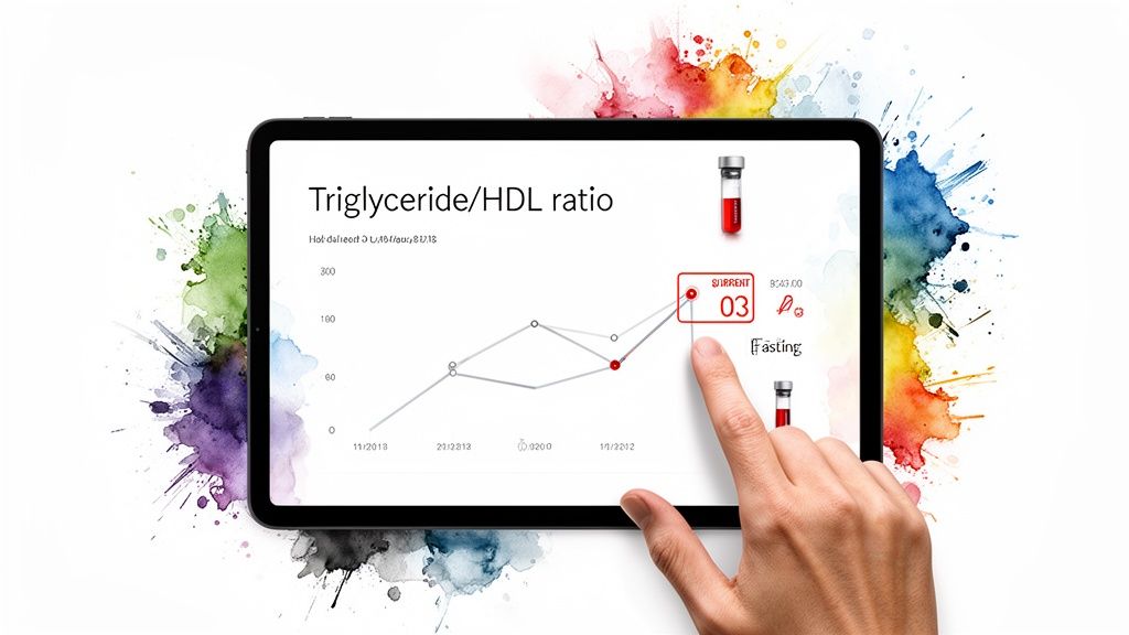 A hand interacts with a tablet displaying a triglyceride/HDL ratio graph, showing current health data and blood sample visuals.