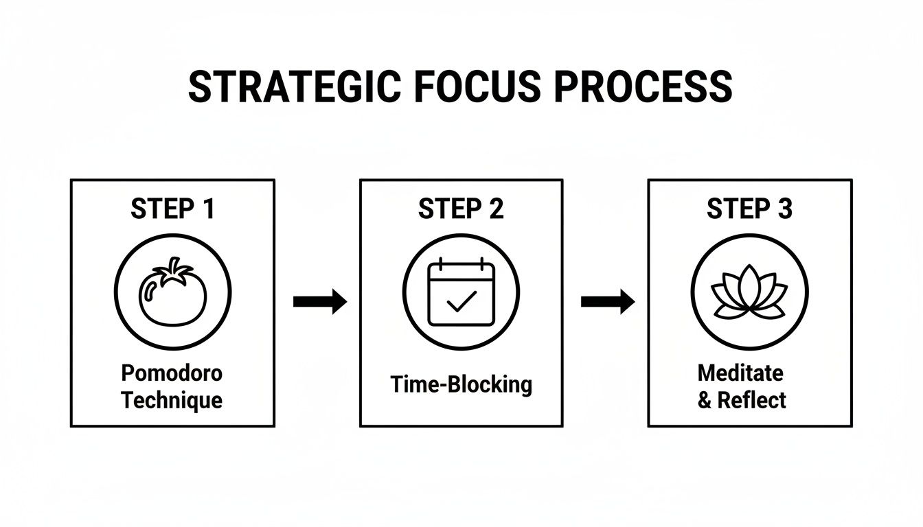 Diagram illustrating a strategic focus process with three steps: Pomodoro Technique, time-blocking, and meditation.