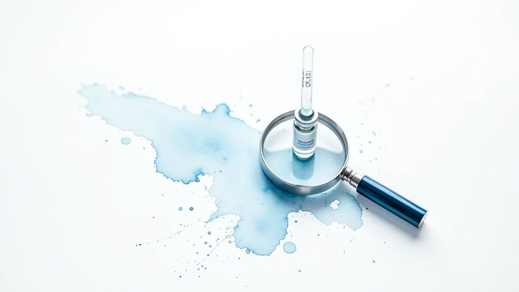 Magnifying glass examining medical vial with blue watercolor background representing laboratory testing and analysis