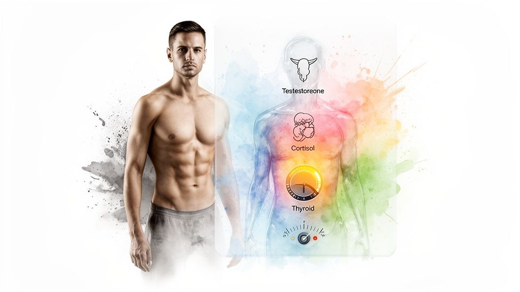 An athletic man next to a diagram illustrating testosterone, cortisol, and thyroid hormone levels.