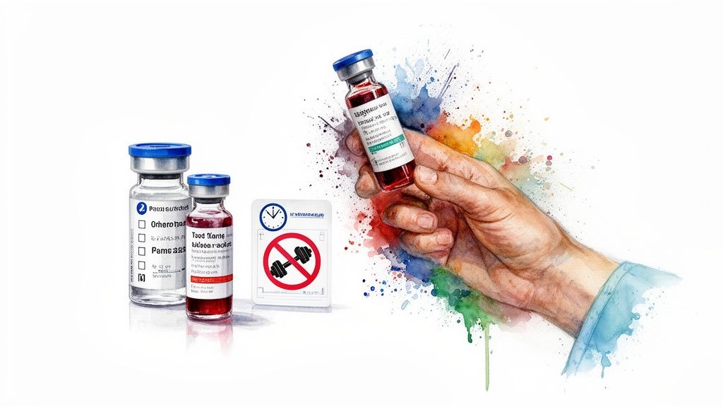 Watercolor painting showing various medical vials, a hand holding one, and a 'no weights' symbol amidst colorful splashes.