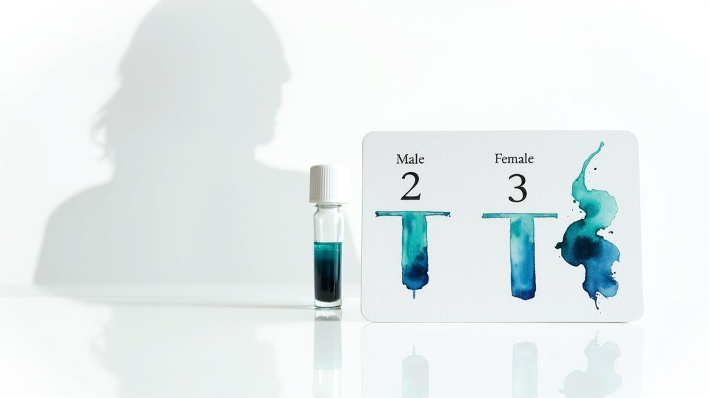 Blood test vial next to card showing male and female creatine kinase normal range levels