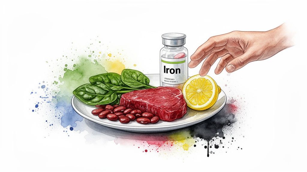 A plate of iron-rich foods including spinach, red meat, beans, lemon, and an iron supplement bottle.