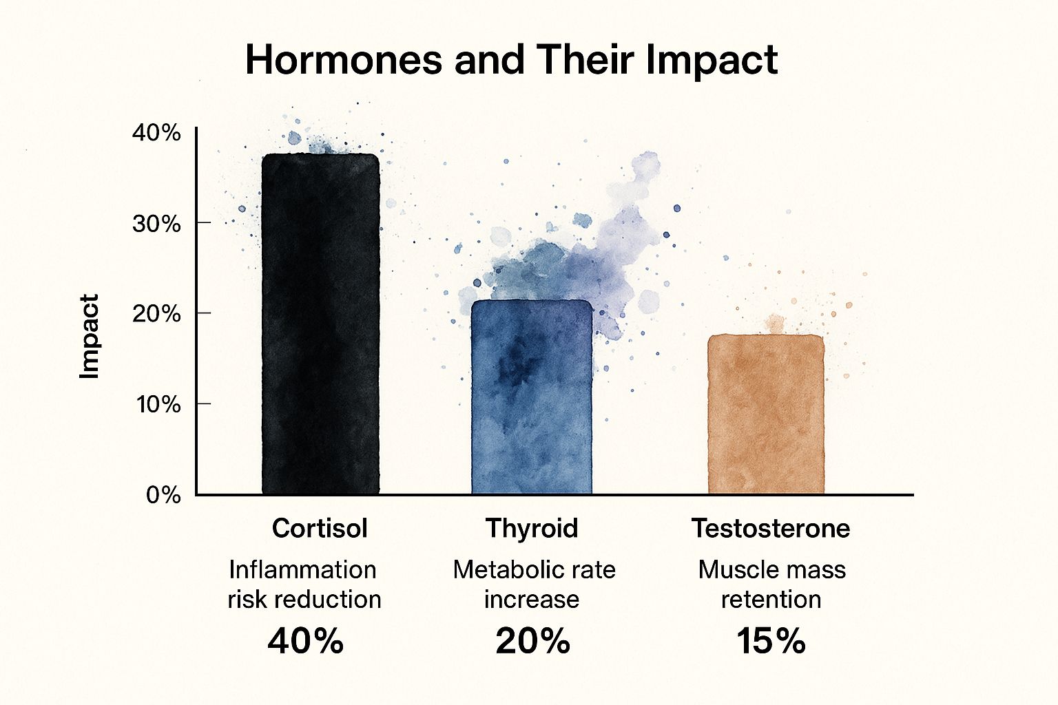 Infographic comparing the impact of Cortisol, Thyroid, and Testosterone on health markers.