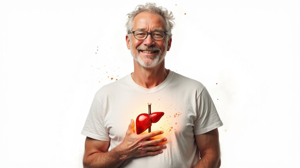 Smiling senior man with glasses and beard, gently touching his chest showing a glowing red liver.