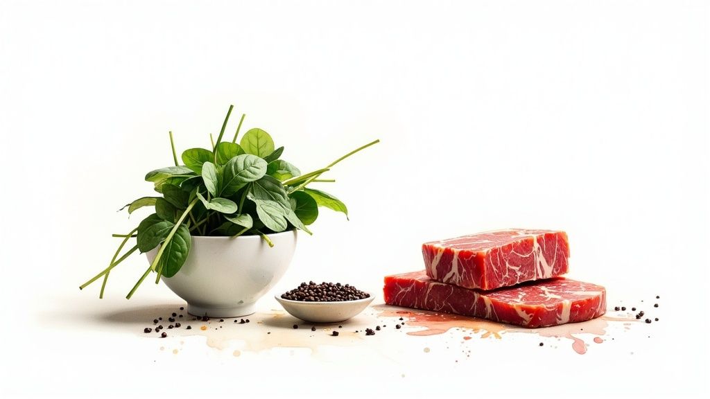 An illustration showing the four main causes of low iron levels: diet, absorption, demand, and loss