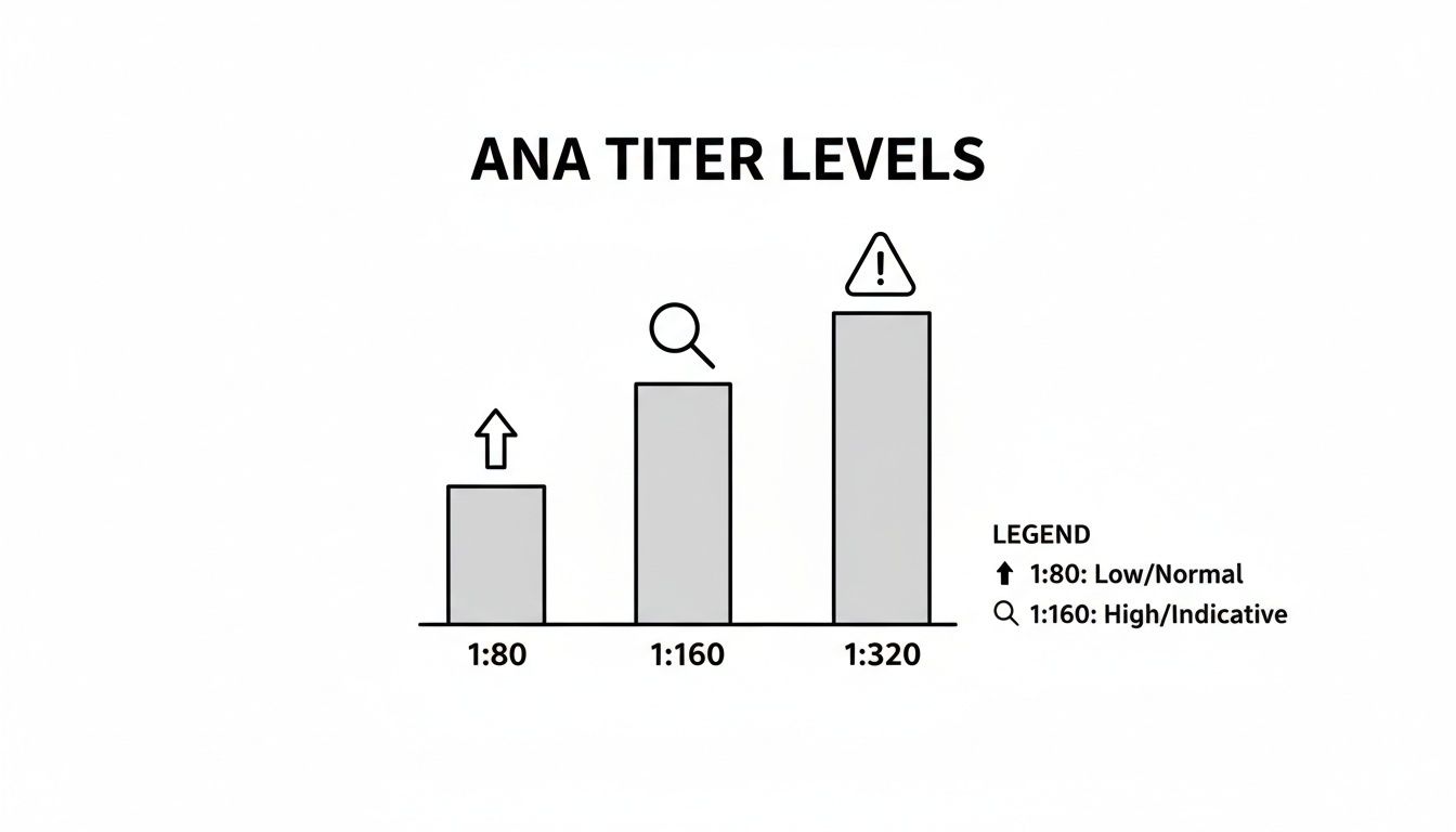 Bar chart illustrating ANA titer levels: 1:80 (low/normal), 1:160 (high/indicative), and 1:320.