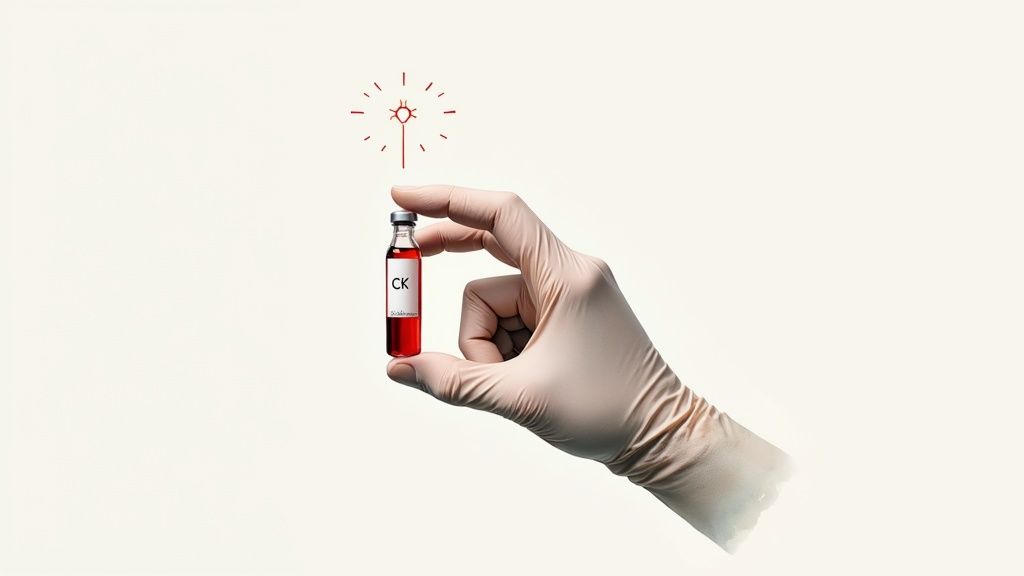 Gloved hand holding a vial labeled 'CK' with red liquid, a radiating symbol above.