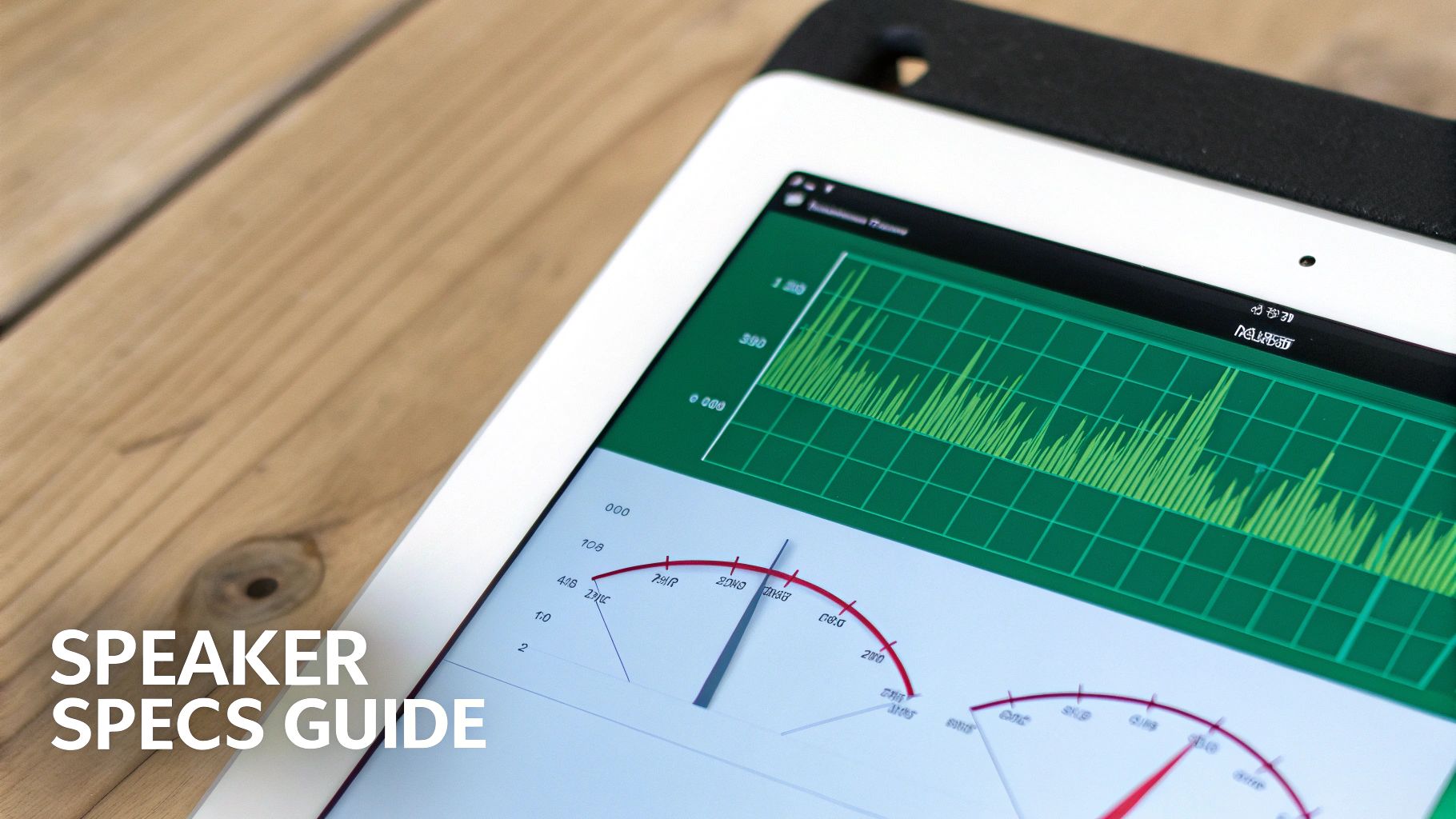 A tablet screen displaying detailed speaker specifications, audio graphs, and red measurement dials.