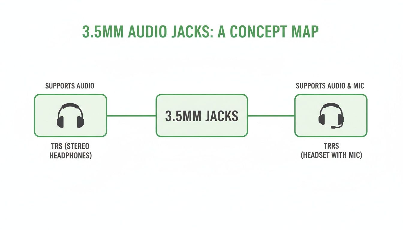 Concept map illustrating 3.5mm audio jacks, distinguishing TRS for stereo headphones and TRRS for headsets with microphones.