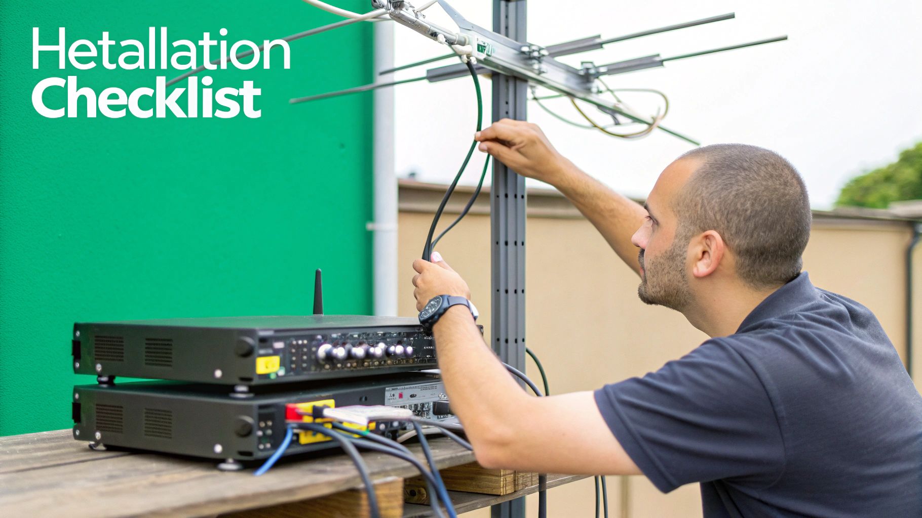 A technician connects cables to professional wireless microphone systems and an antenna on a table.