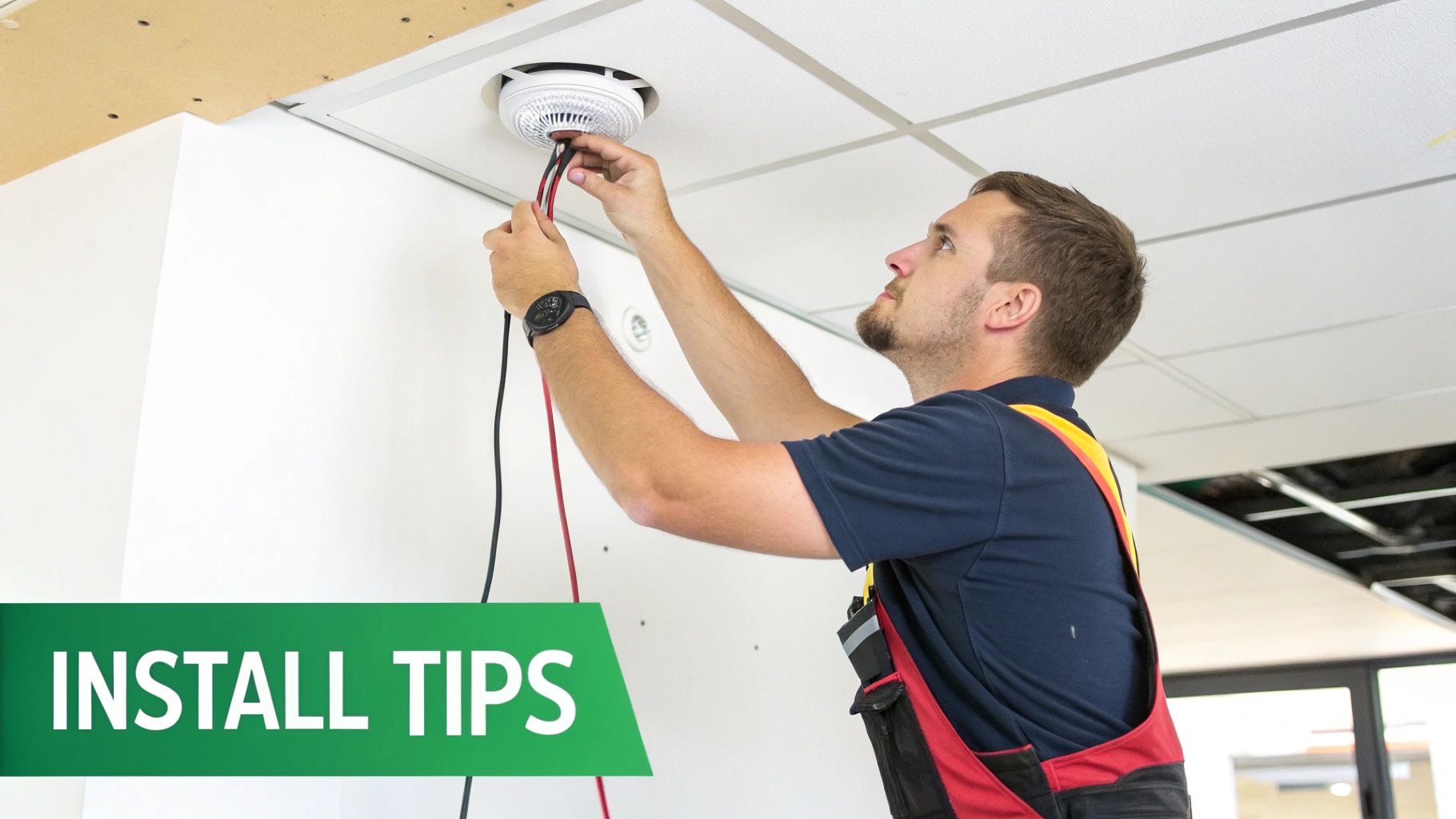 A man wearing work overalls installs a white smoke alarm into a suspended ceiling, connecting wires.
