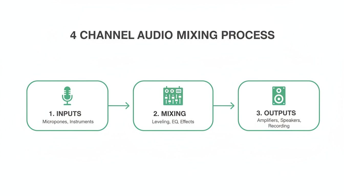 Flowchart illustrating the 4 channel audio mixing process with inputs, mixing, and outputs.