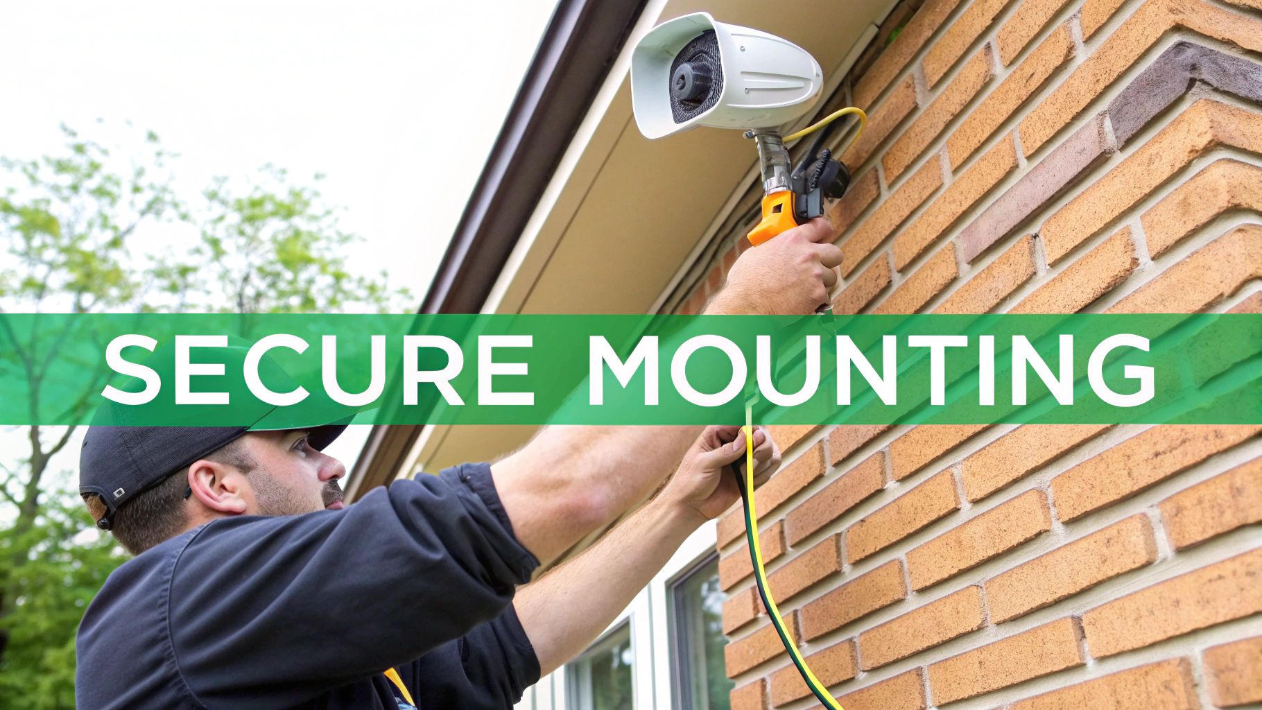 A technician securely installing a white outdoor loudspeaker system on a brick wall.