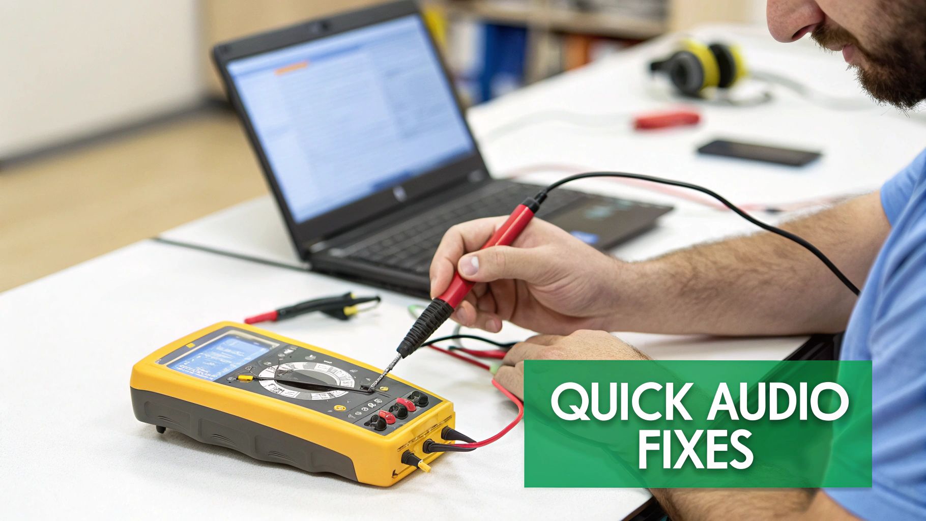 Person using a multimeter and laptop to test electronic components, likely for audio equipment repair.