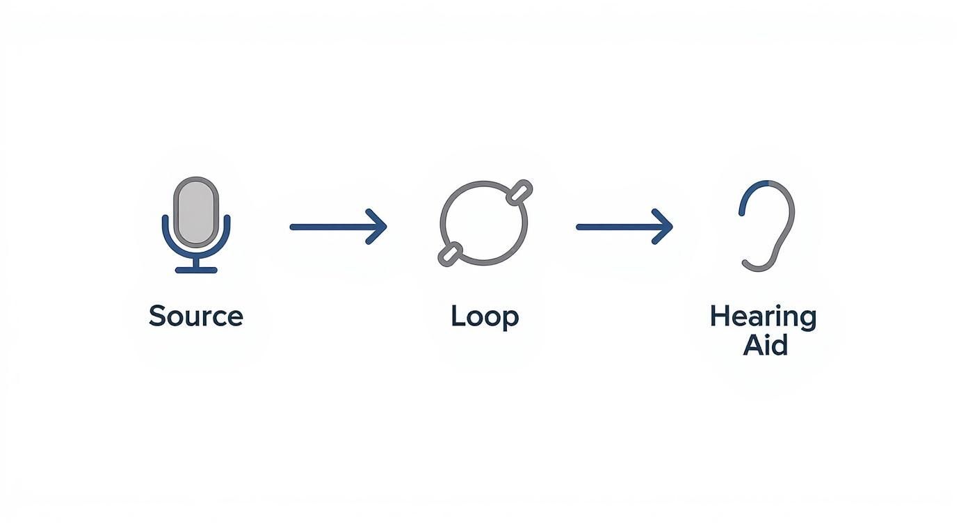 Diagram illustrating the audio signal path from a microphone source through a hearing loop to a hearing aid.