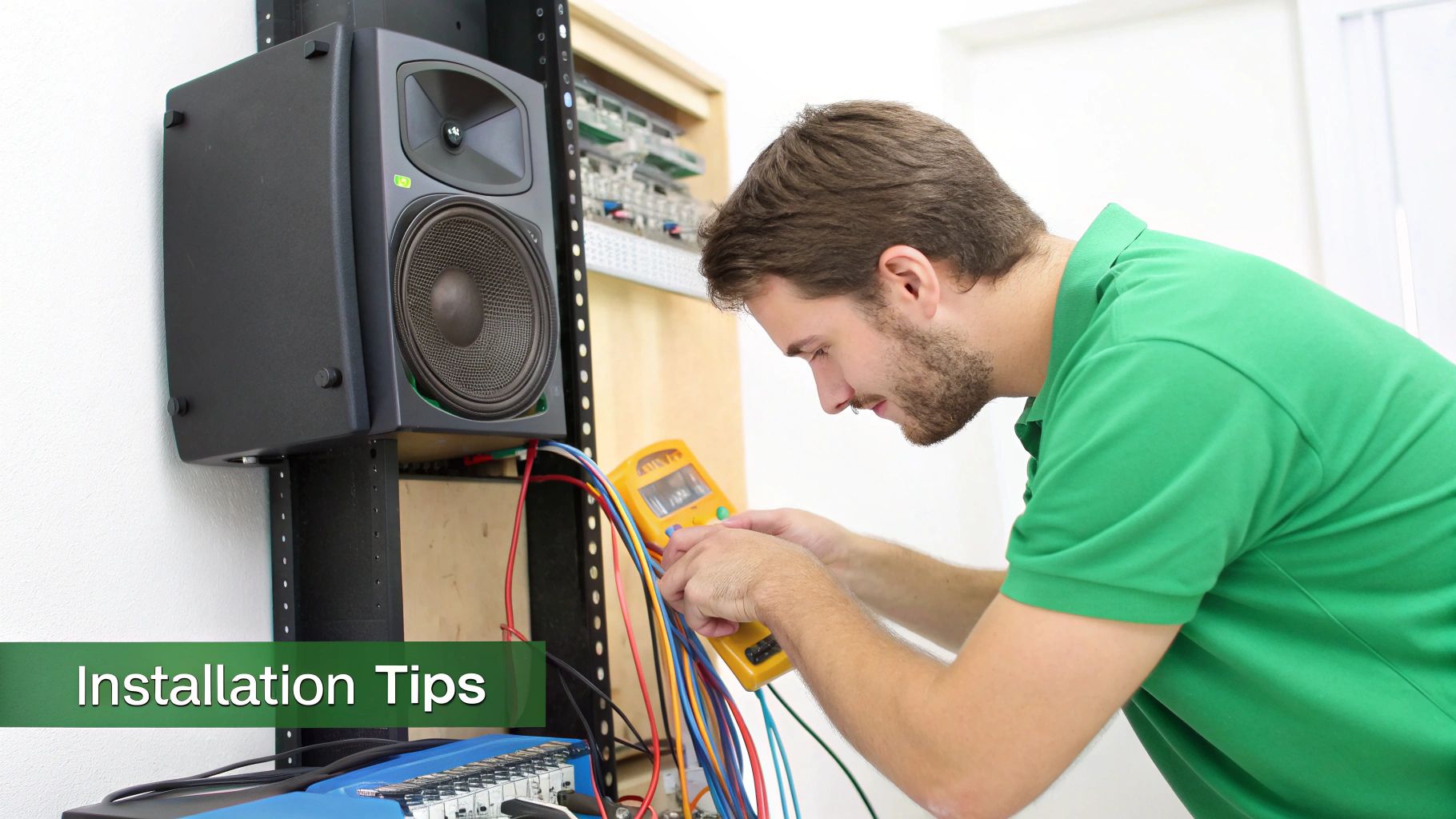 A man in a green shirt checking electrical wires with a multimeter next to an audio speaker and electronic rack.