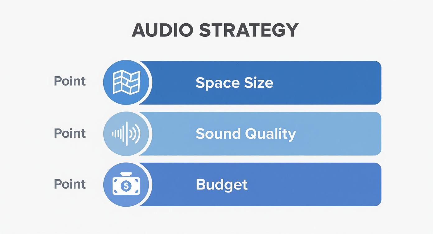 A presentation slide outlining an audio strategy with key points on space size, sound quality, and budget.