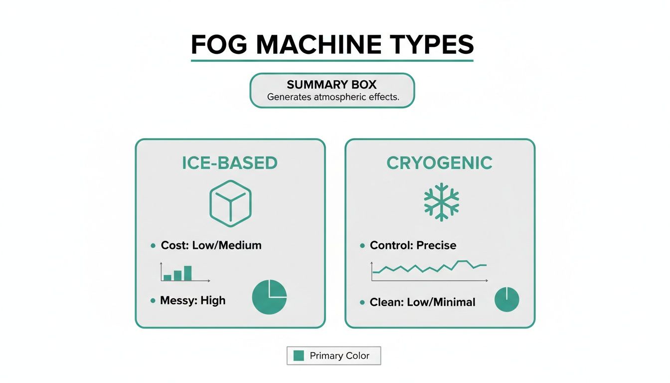Infographic comparing two fog machine types: ice-based (low/medium cost, high mess) and cryogenic (precise control, low/minimal mess).