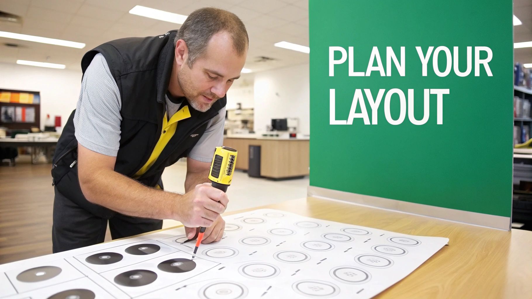 Man precisely marking speaker layout on a template, planning for ceiling installation.
