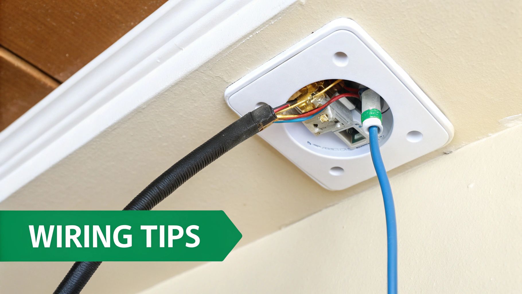 Close-up of wiring connections inside a ceiling-mounted box with a blue cable, providing 'WIRING TIPS'.