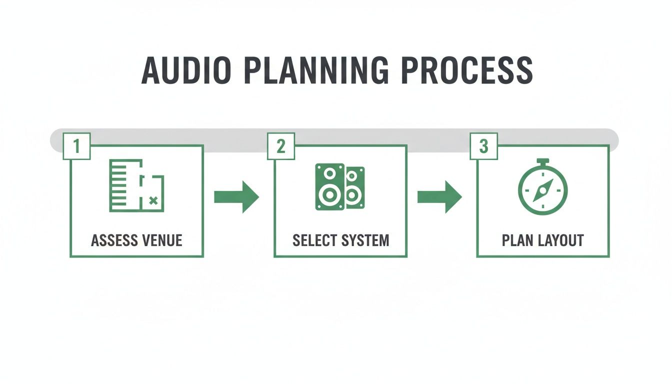 A diagram illustrates the audio planning process with three steps: Assess Venue, Select System, and Plan Layout.